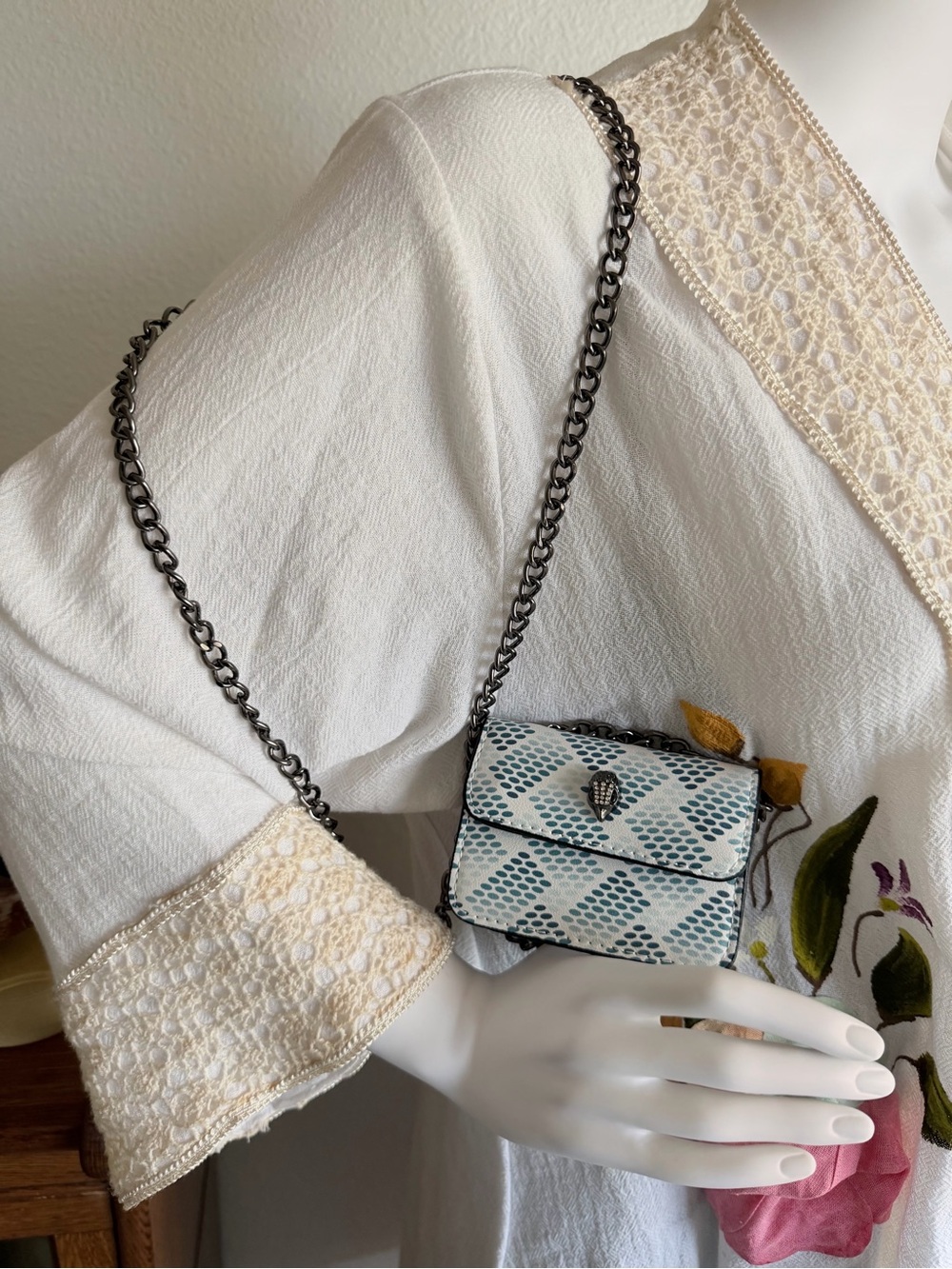 Kurt Geiger White Crossbody Bag with Blue Dot Pattern NWOT Eagle Crest